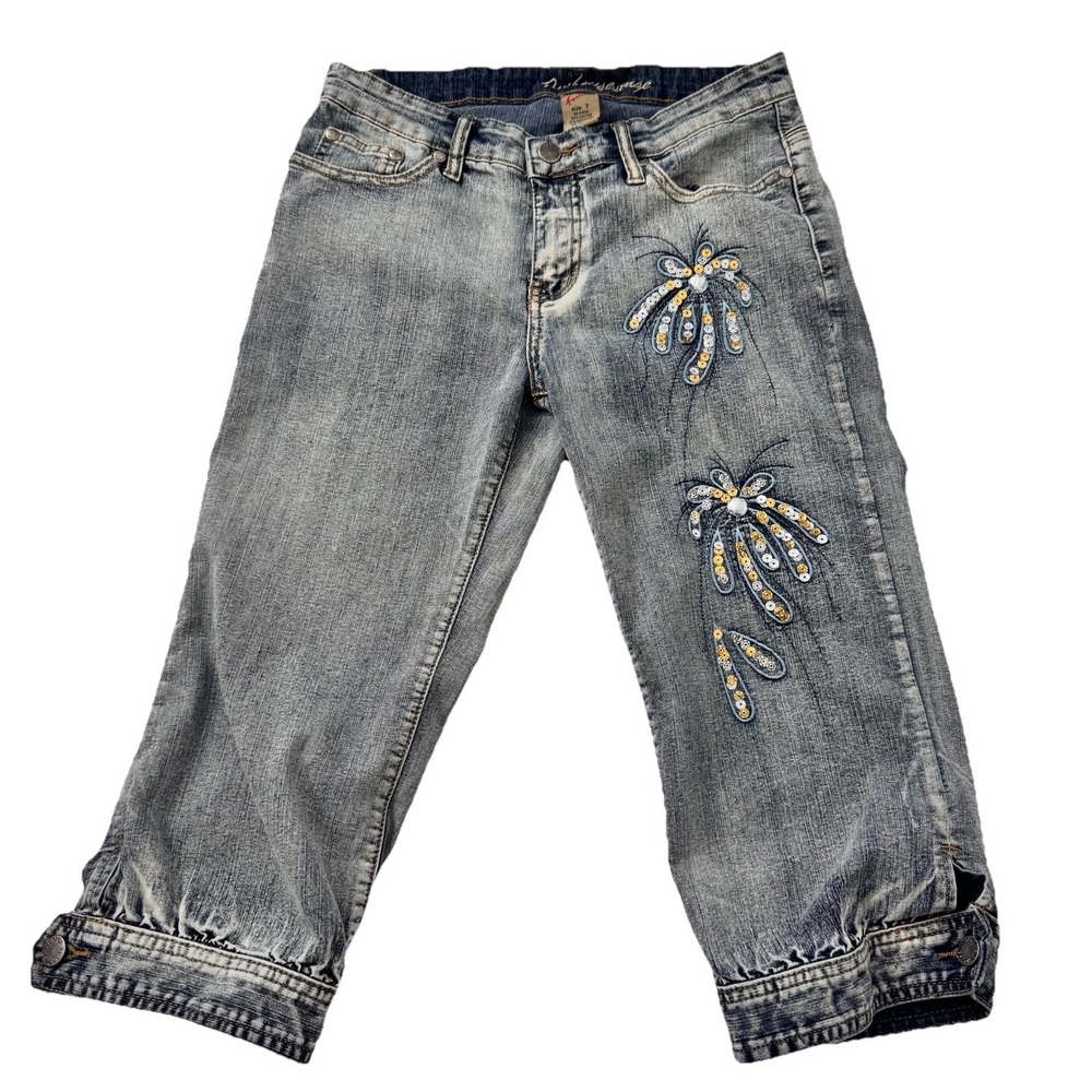 Funhouse Vintage Cropped Jeans Women 7 Blue Acid Wash Sequin Floral Stretch